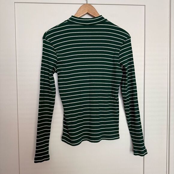 Uniqlo Shirt Womens Sz M Green White Striped Ribbed Long Sleeve Pullover Stretch - Picture 5 of 12